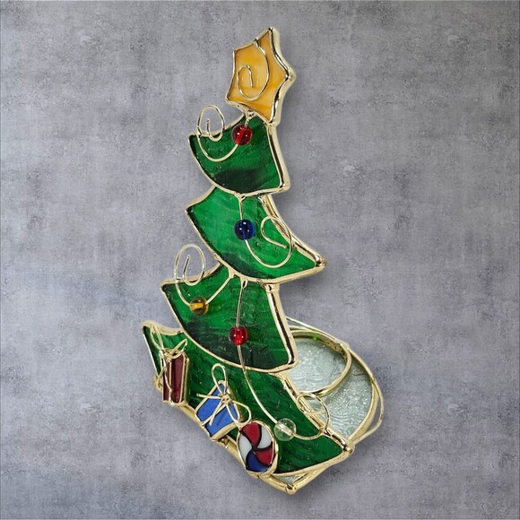 Vintage Stained Glass Christmas Tree Tea Light Candle Holder 7" Holiday Decor - Picture 3 of 12